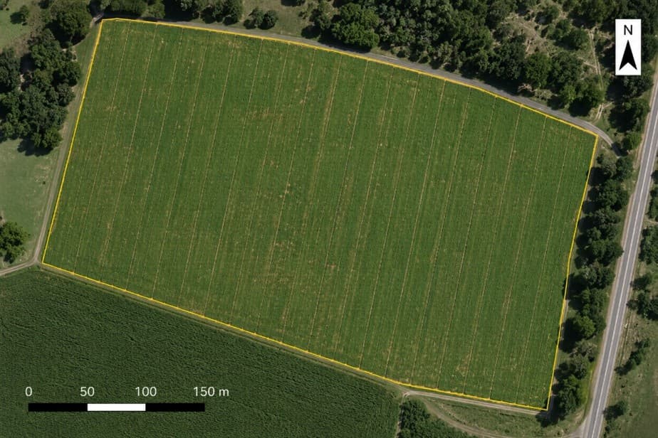 High-resolution orthomosaic of a field with surveyed boundary overlay