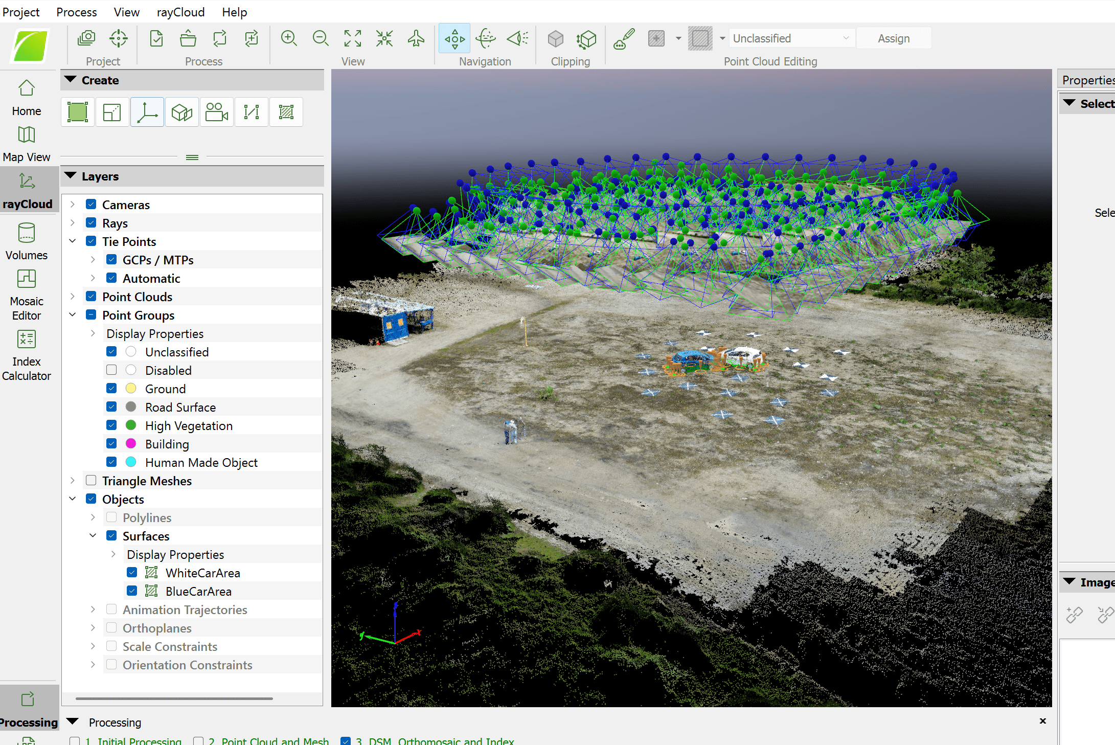 Photogrammetry reconstruction showing hundreds of drone camera positions in a grid above surveyed terrain