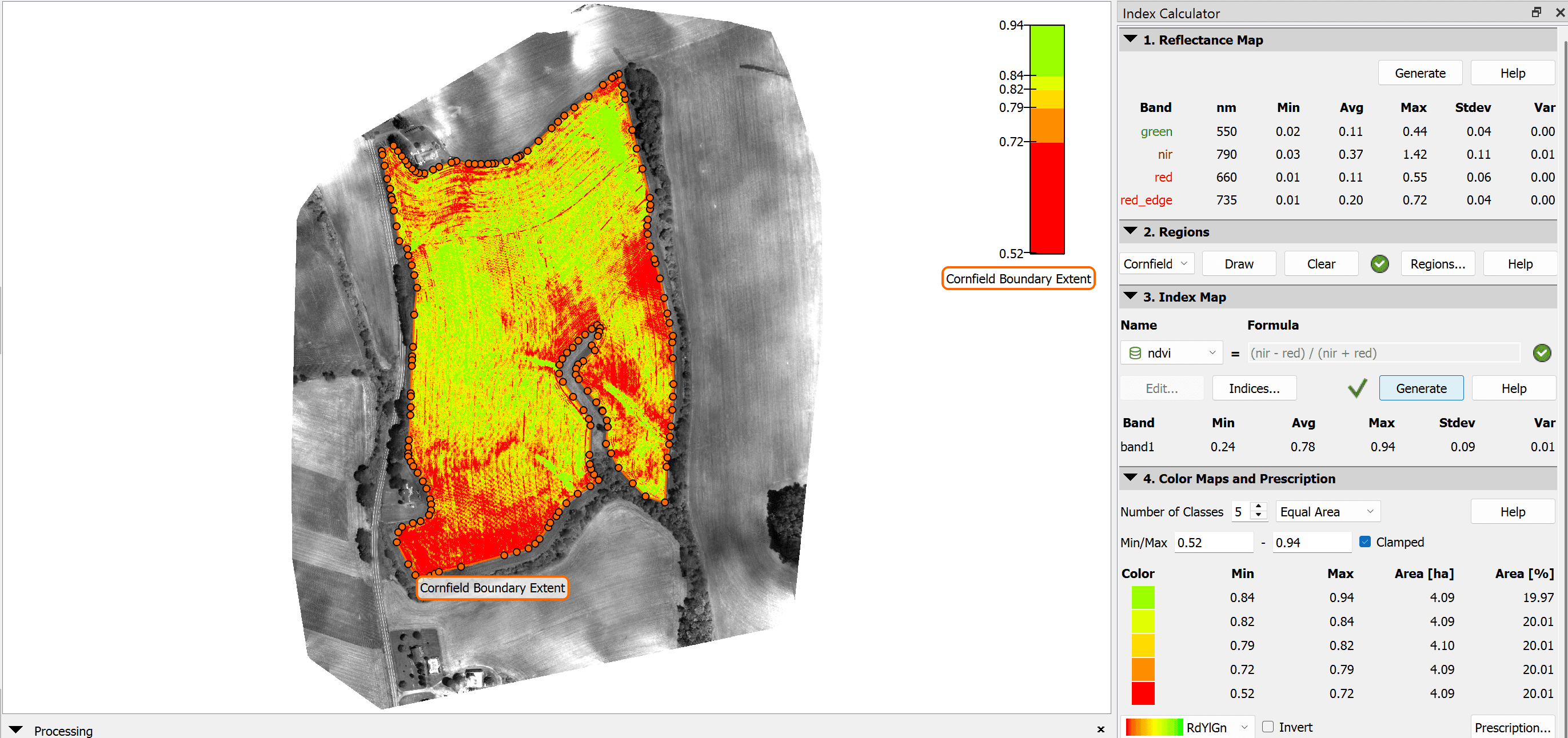 Multispectral NDVI index workflow with a cornfield boundary and five-class prescription zones